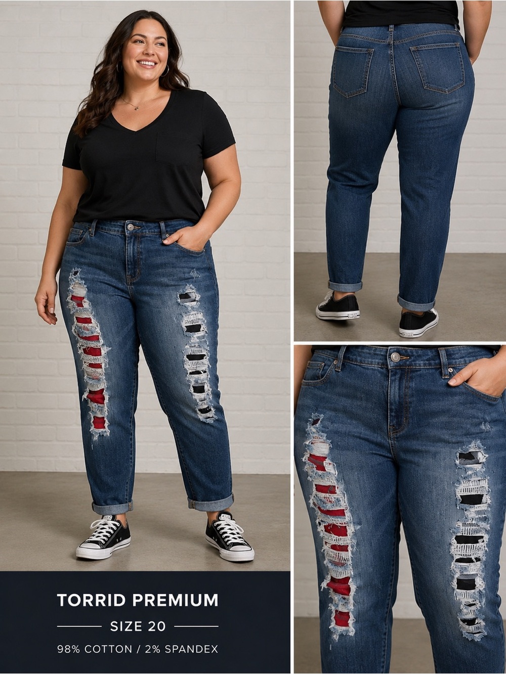 Women's Jeans Plus 20 Denim Boyfriend Distressed Plaid Patched